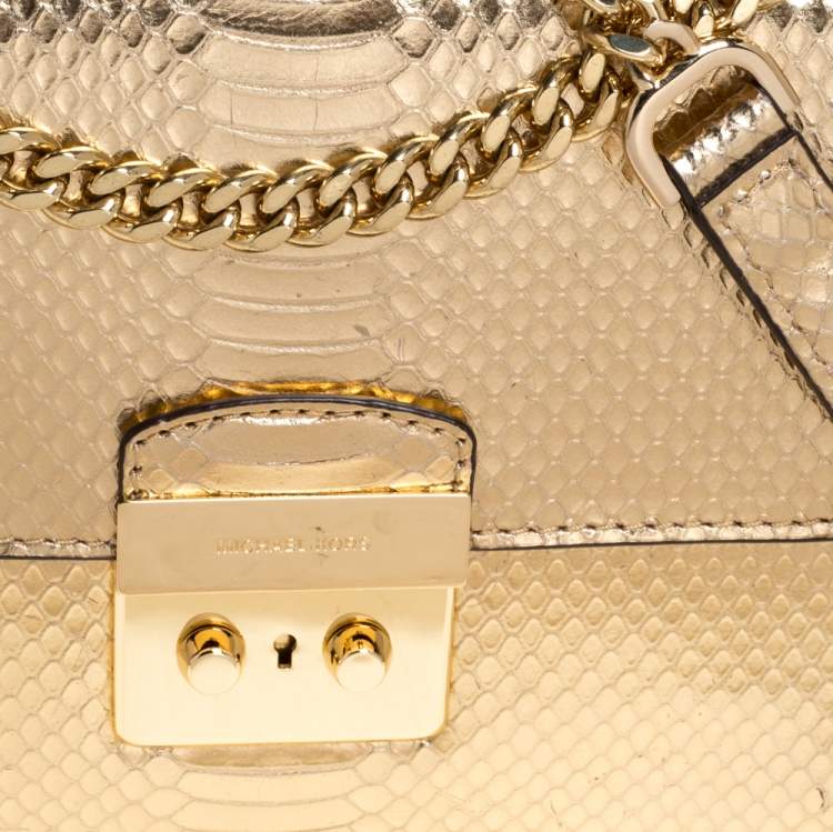 Pre Owned Michael Kors Gold Python Effect Patent Leather Sloan Chain Shoulder Bag