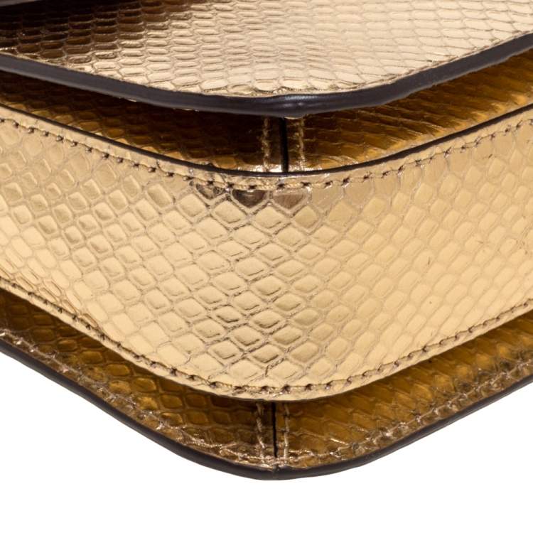 Pre Owned Michael Kors Gold Python Effect Patent Leather Sloan Chain Shoulder Bag