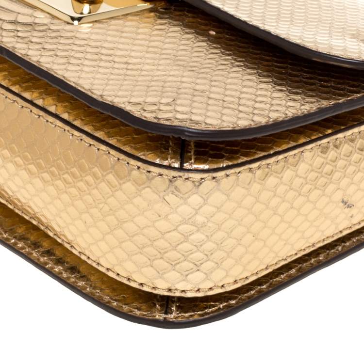 Pre Owned Michael Kors Gold Python Effect Patent Leather Sloan Chain Shoulder Bag