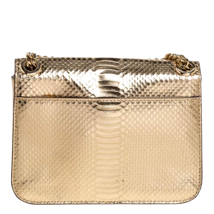 Pre Owned Michael Kors Gold Python Effect Patent Leather Sloan Chain Shoulder Bag