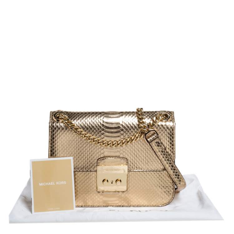 Pre Owned Michael Kors Gold Python Effect Patent Leather Sloan Chain Shoulder Bag