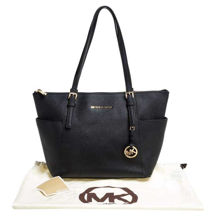 Pre Owned Michael Michael Kors Black Leather Medium Jet Set Top Zip Tote