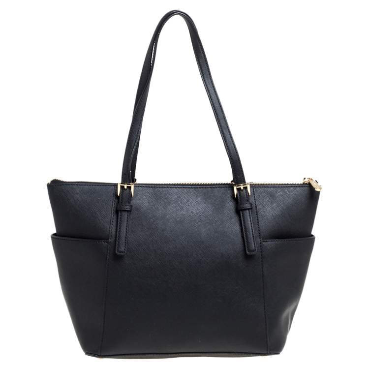 Pre Owned Michael Michael Kors Black Leather Medium Jet Set Top Zip Tote