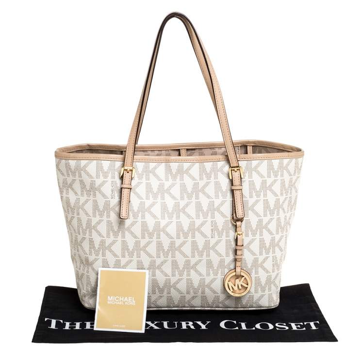 Pre Owned Michael Kors White/Beige Coated Canvas and Leather Small Jet Set Tote