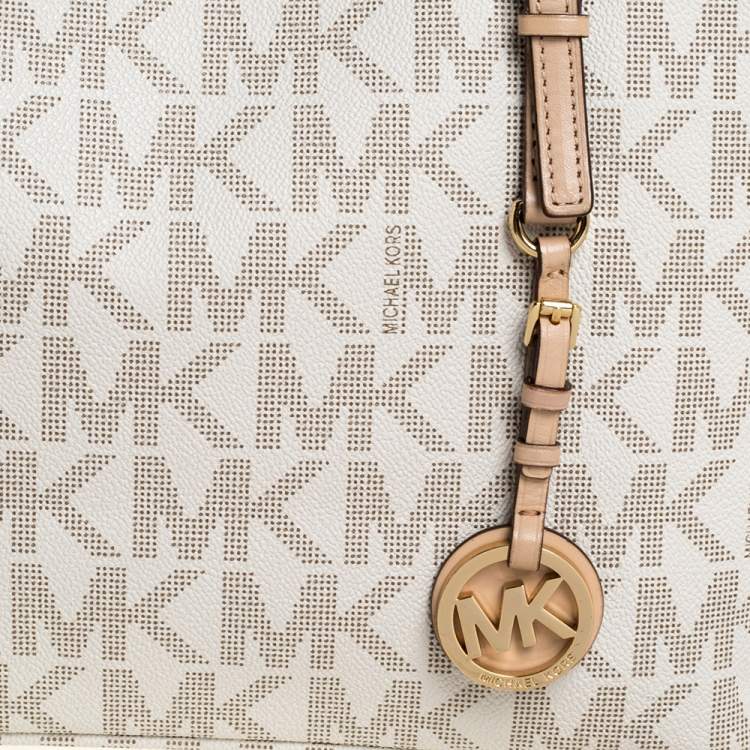 Pre Owned Michael Kors White/Beige Coated Canvas and Leather Small Jet Set Tote