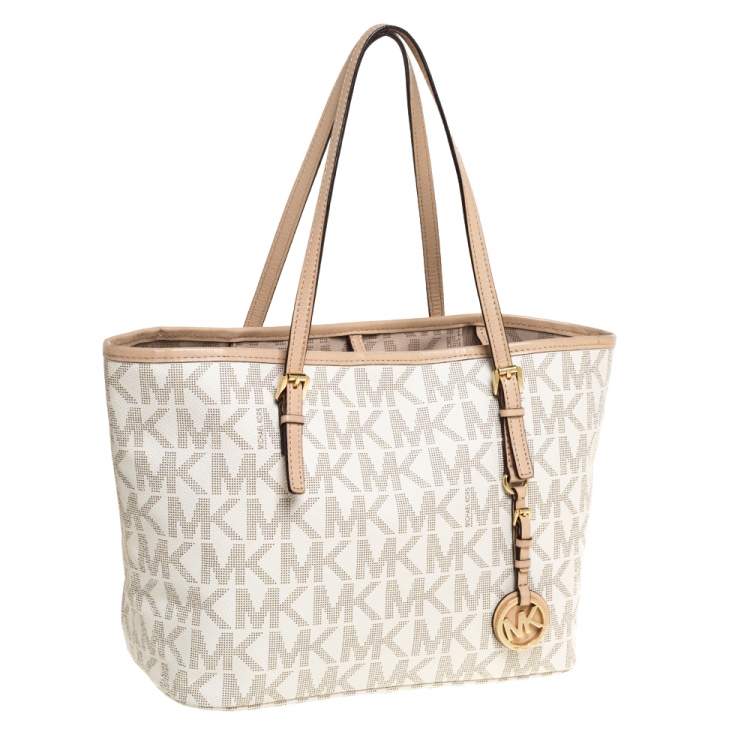 Pre Owned Michael Kors White/Beige Coated Canvas and Leather Small Jet Set Tote