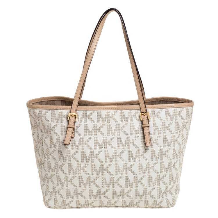 Pre Owned Michael Kors White/Beige Coated Canvas and Leather Small Jet Set Tote