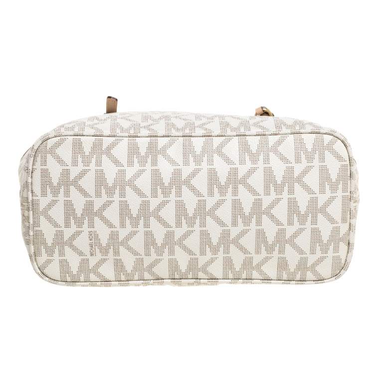 Pre Owned Michael Kors White/Beige Coated Canvas and Leather Small Jet Set Tote