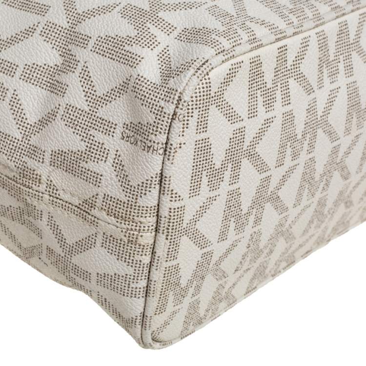 Pre Owned Michael Kors White/Beige Coated Canvas and Leather Small Jet Set Tote