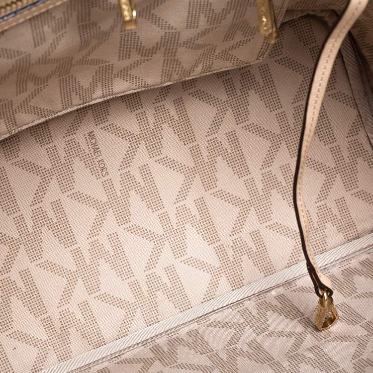 Pre Owned Michael Kors White/Beige Coated Canvas and Leather Small Jet Set Tote