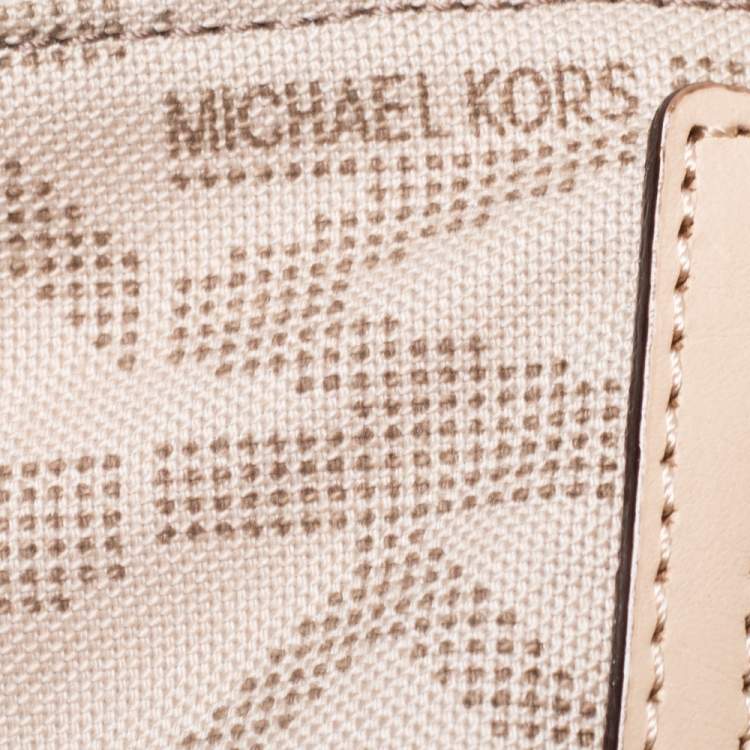 Pre Owned Michael Kors White/Beige Coated Canvas and Leather Small Jet Set Tote