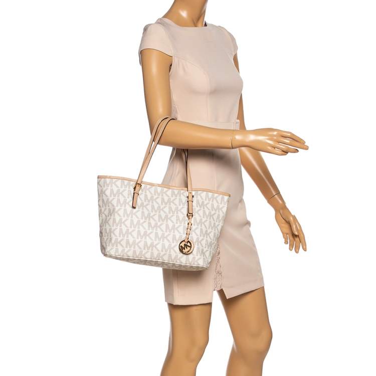 Pre Owned Michael Kors White/Beige Coated Canvas and Leather Small Jet Set Tote