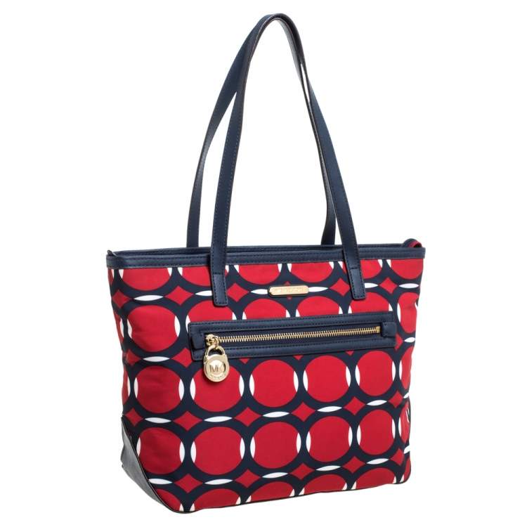 Pre Owned MICHAEL Micheal Kors Red/Blue Deco Print Nylon and Leather Kempton Tote