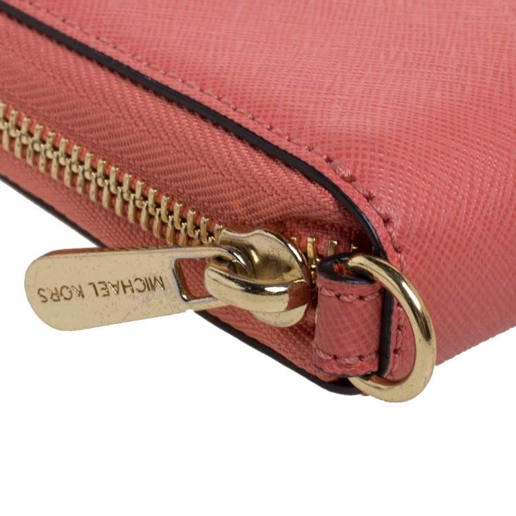 Pre Owned Michael Kors Coral Orange Leather Jet Set Wristlet Wallet