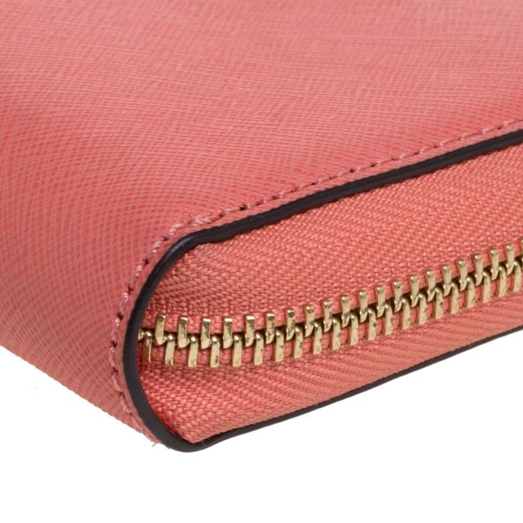 Pre Owned Michael Kors Coral Orange Leather Jet Set Wristlet Wallet