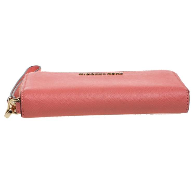 Pre Owned Michael Kors Coral Orange Leather Jet Set Wristlet Wallet