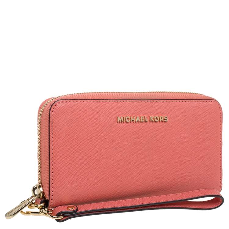 Pre Owned Michael Kors Coral Orange Leather Jet Set Wristlet Wallet