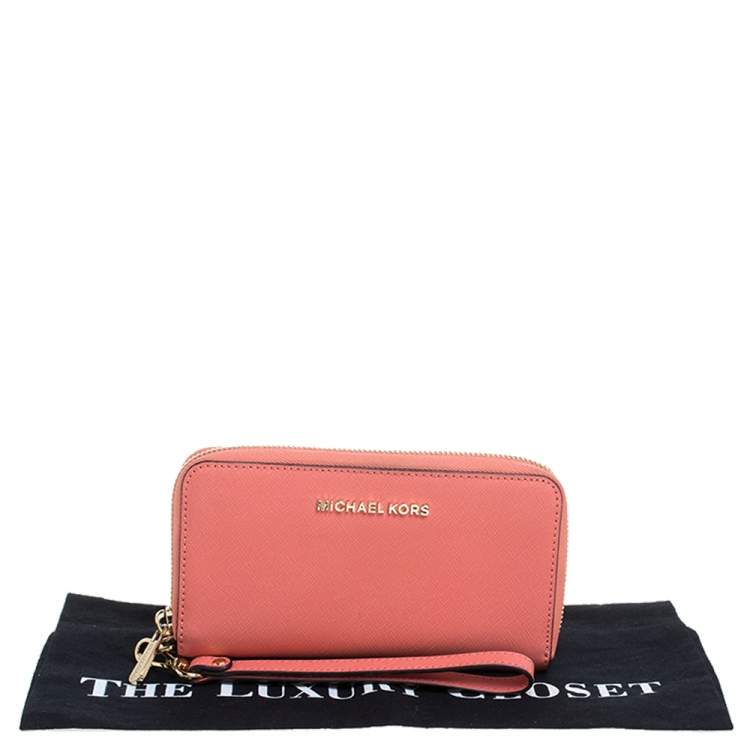 Pre Owned Michael Kors Coral Orange Leather Jet Set Wristlet Wallet