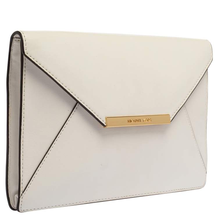 Pre Owned Michael Kors White Leather Lana Envelope Chain Clutch