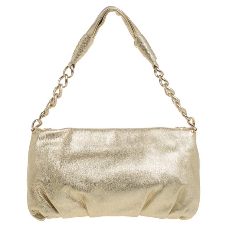 Pre Owned Michael Kors Gold Leather Chain Link Flap Baguette Bag