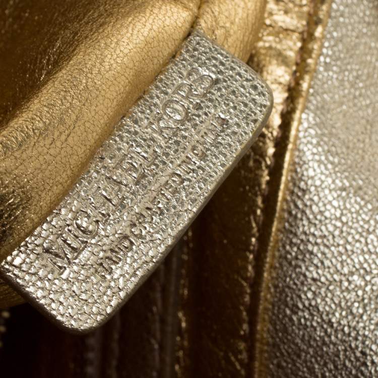 Pre Owned Michael Kors Gold Leather Chain Link Flap Baguette Bag