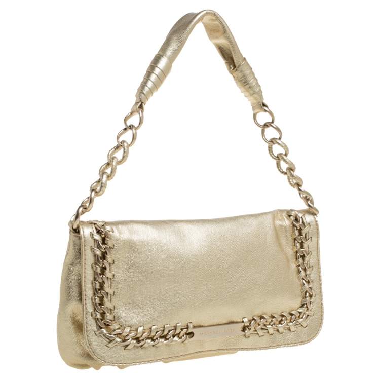 Pre Owned Michael Kors Gold Leather Chain Link Flap Baguette Bag