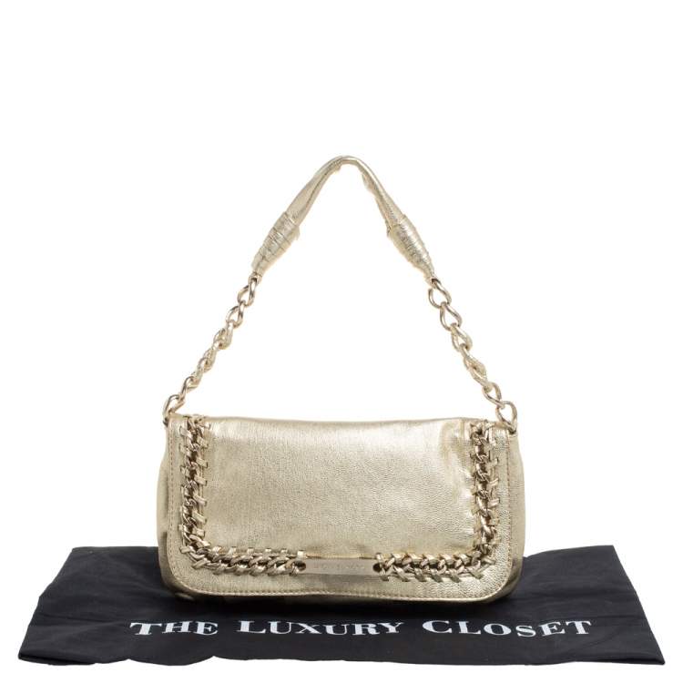 Pre Owned Michael Kors Gold Leather Chain Link Flap Baguette Bag