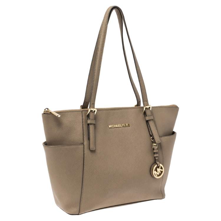 Pre Owned Michael Michael Kors Dark Beige Leather Medium Jet Set Top Zip Tote