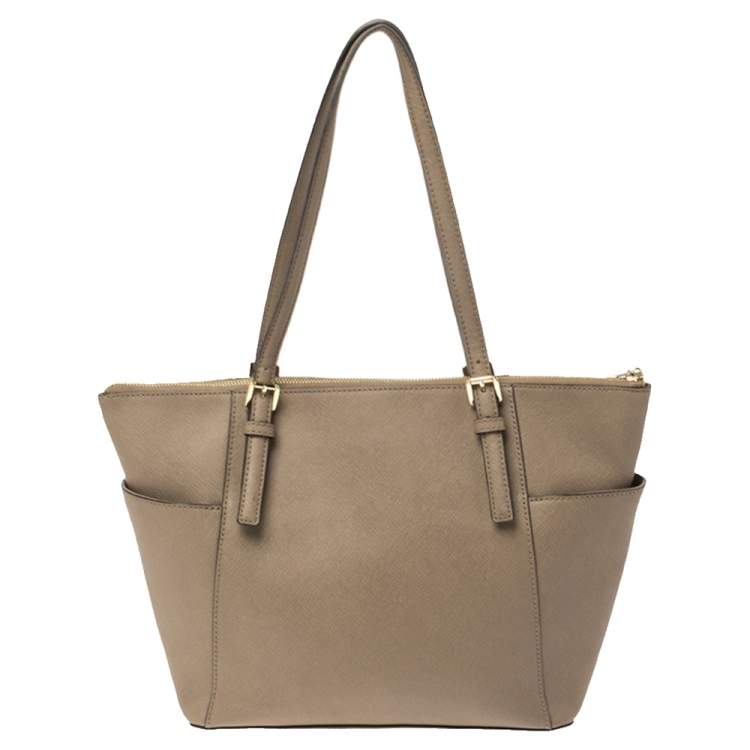 Pre Owned Michael Michael Kors Dark Beige Leather Medium Jet Set Top Zip Tote