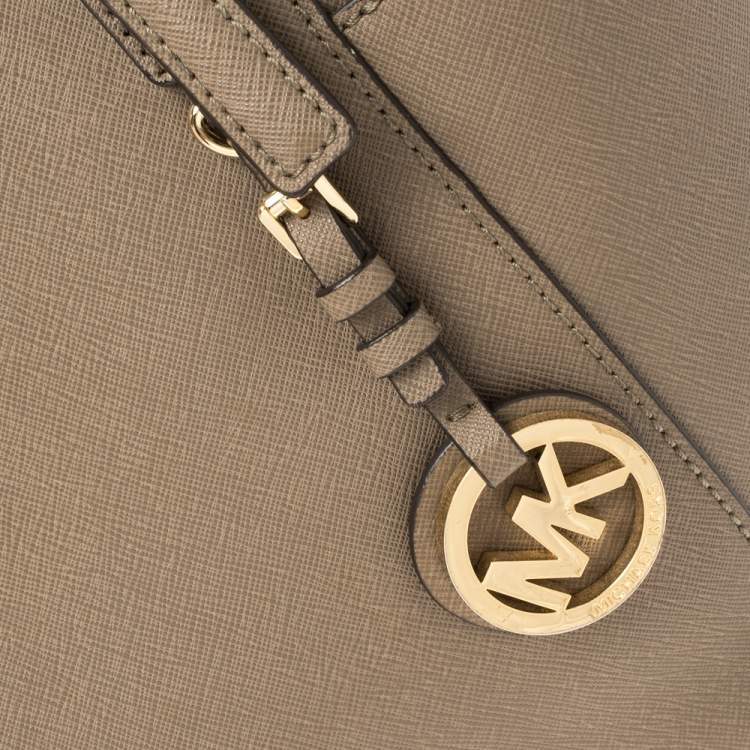 Pre Owned Michael Michael Kors Dark Beige Leather Medium Jet Set Top Zip Tote