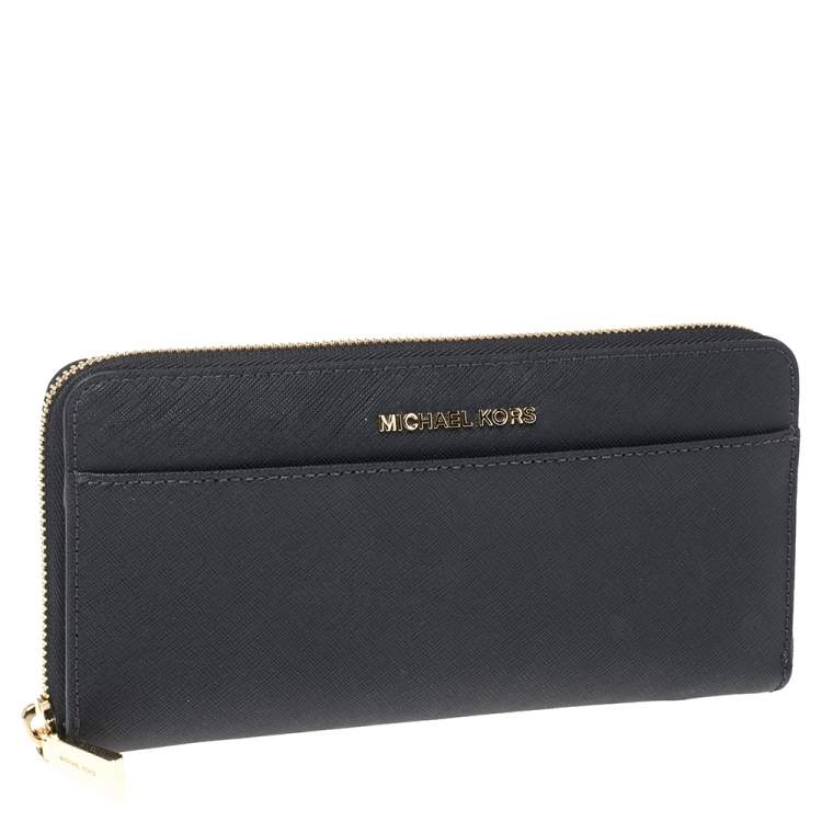 Pre Owned Michael Kors Navy Blue Leather Zip Around Continental Wallet