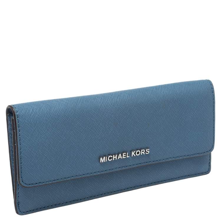 Pre Owned Michael Kors Blue Saffiano Leather Flap Wallet