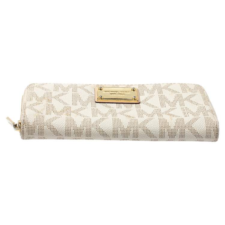 Pre Owned Michael Kors White Monogram Coated Canvas Zip Around Wallet