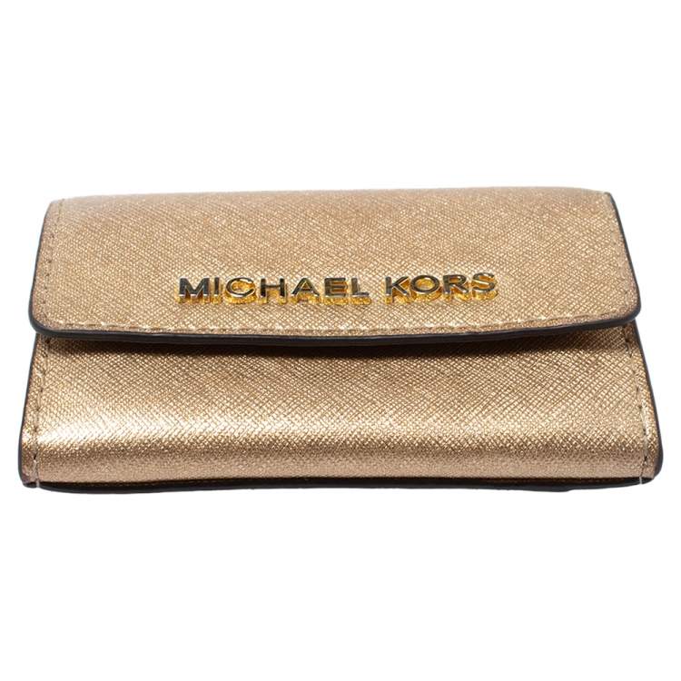 Pre Owned Michael Kors Metallic Gold Leather Flap Card Holder
