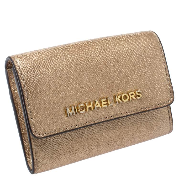 Pre Owned Michael Kors Metallic Gold Leather Flap Card Holder