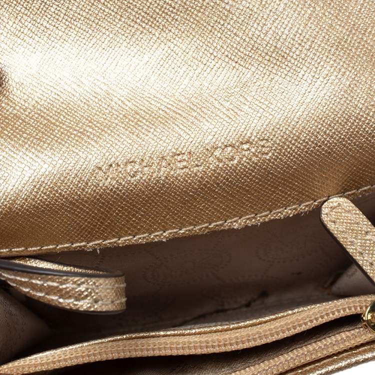 Pre Owned Michael Kors Metallic Gold Leather Flap Card Holder