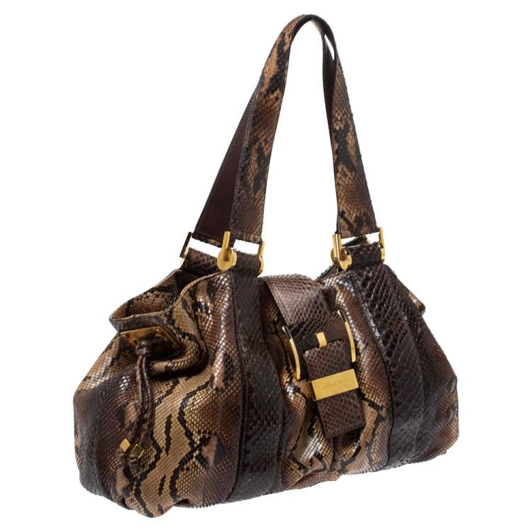 Pre Owned Michael Kors Brown Python Rehearsal Drawstring Shoulder Bag
