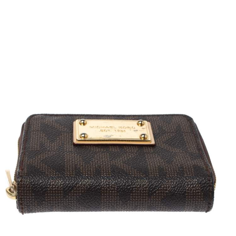 Pre Owned Michael Kors Brown Signature Coated Canvas Zip Around Wallet