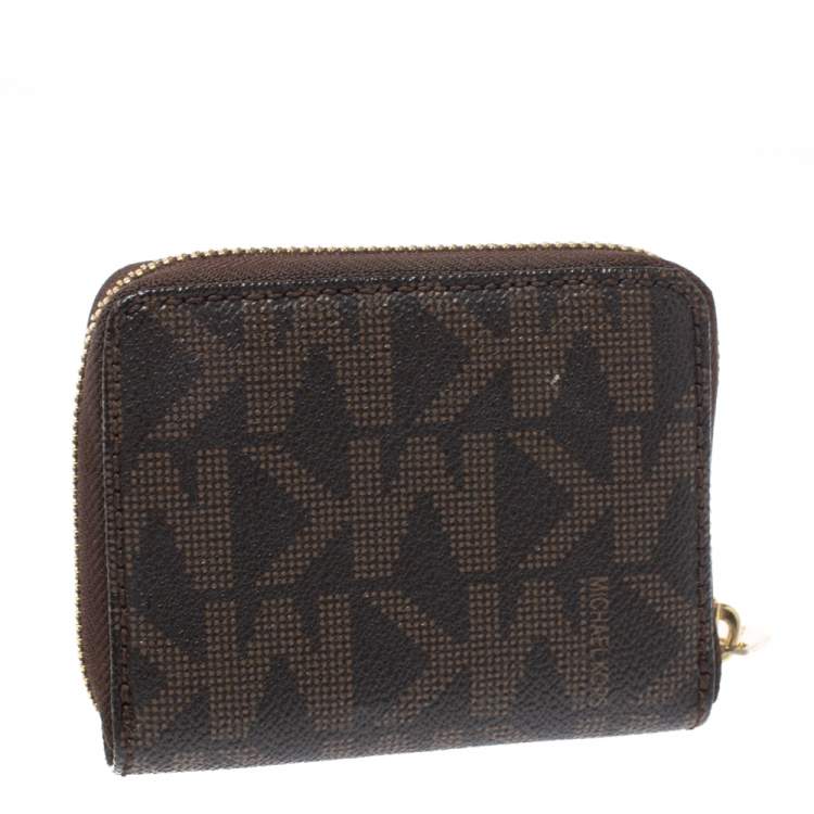Pre Owned Michael Kors Brown Signature Coated Canvas Zip Around Wallet