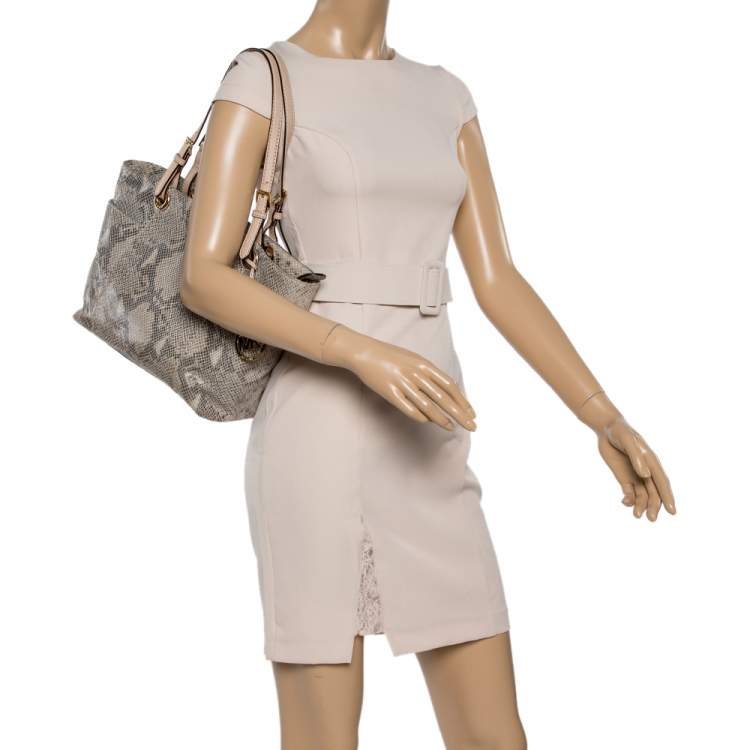 Pre Owned MICHAEL Michael Kors Beige Python Embossed Leather Top Zip Jet Set Tote