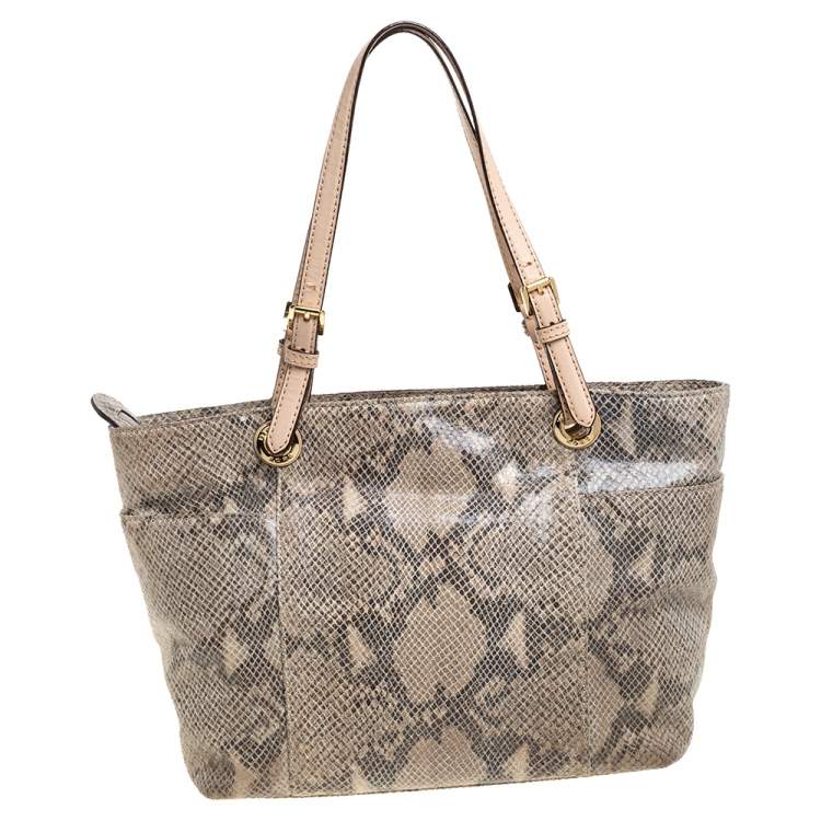 Pre Owned MICHAEL Michael Kors Beige Python Embossed Leather Top Zip Jet Set Tote