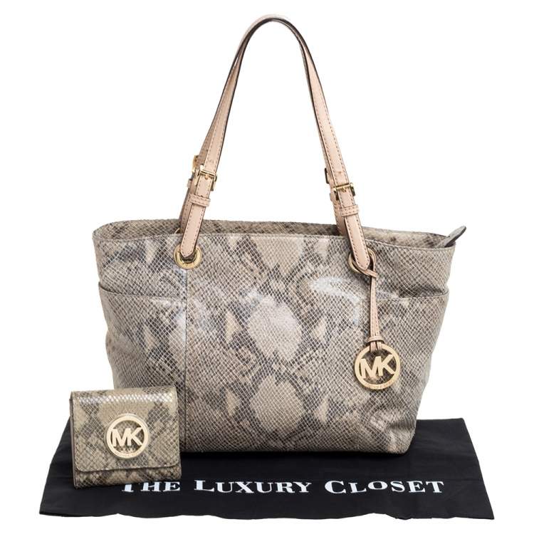 Pre Owned MICHAEL Michael Kors Beige Python Embossed Leather Top Zip Jet Set Tote
