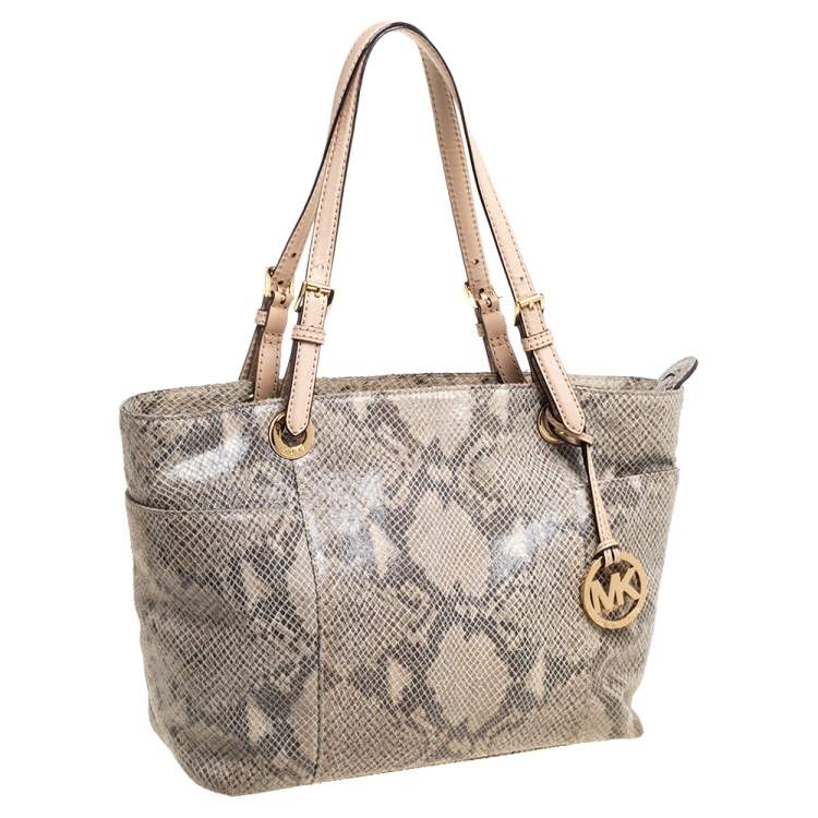 Pre Owned MICHAEL Michael Kors Beige Python Embossed Leather Top Zip Jet Set Tote