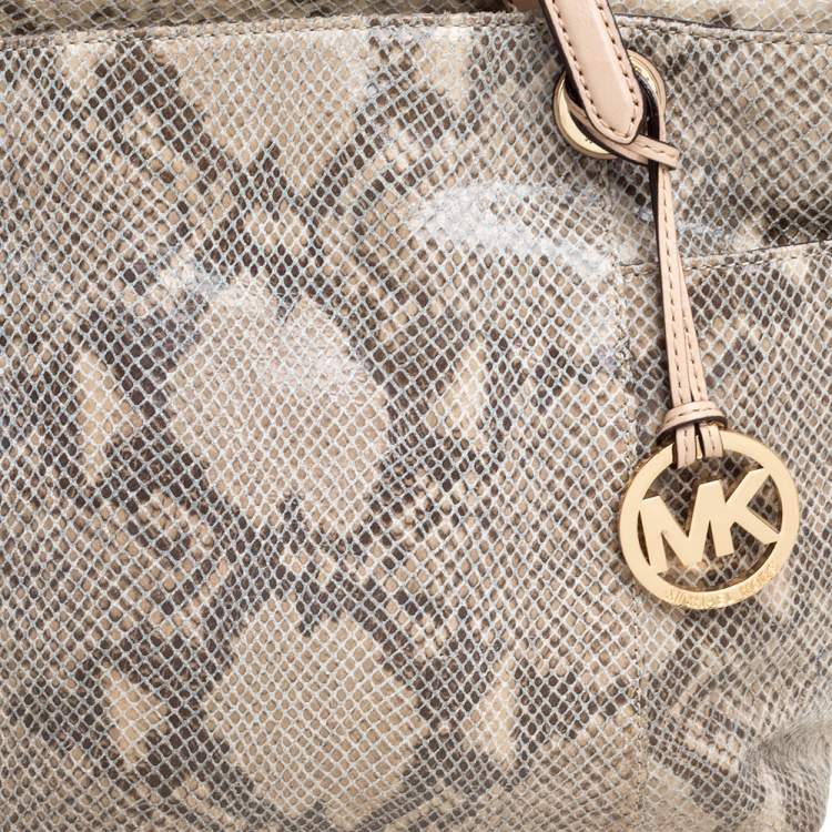 Pre Owned MICHAEL Michael Kors Beige Python Embossed Leather Top Zip Jet Set Tote