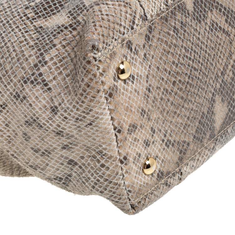 Pre Owned MICHAEL Michael Kors Beige Python Embossed Leather Top Zip Jet Set Tote