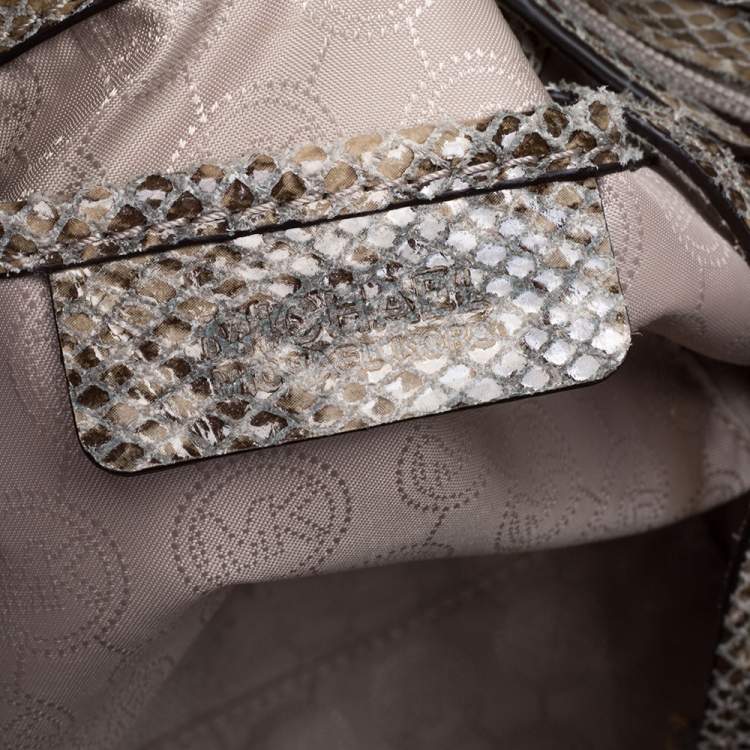 Pre Owned MICHAEL Michael Kors Beige Python Embossed Leather Top Zip Jet Set Tote