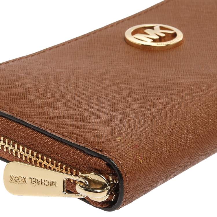 Pre Owned Michael Kors Tan Saffiano Leather Travel Zip Around Continental Wallet