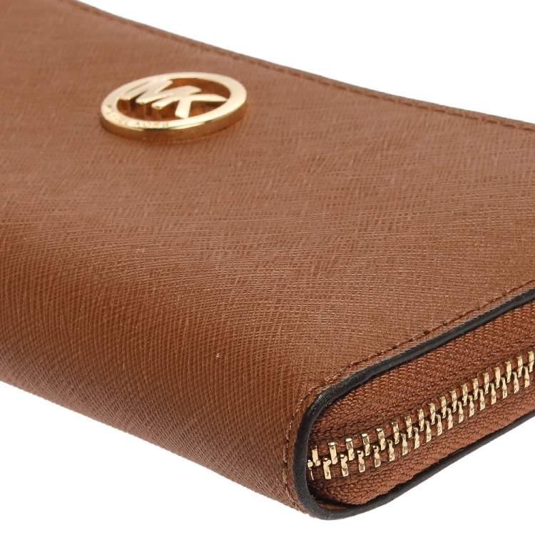 Pre Owned Michael Kors Tan Saffiano Leather Travel Zip Around Continental Wallet