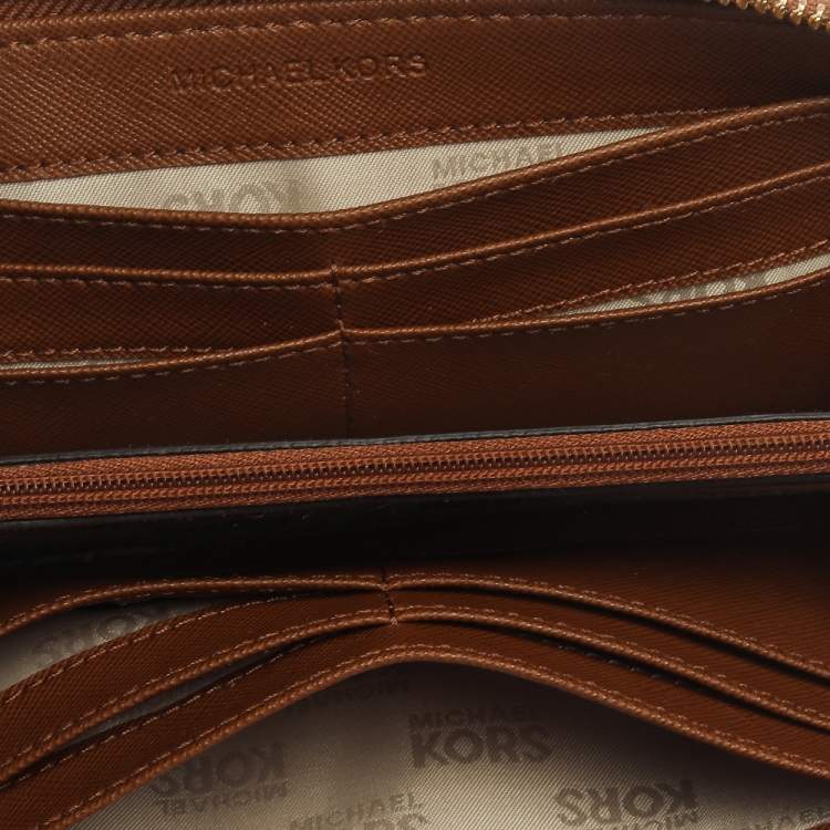 Pre Owned Michael Kors Tan Saffiano Leather Travel Zip Around Continental Wallet