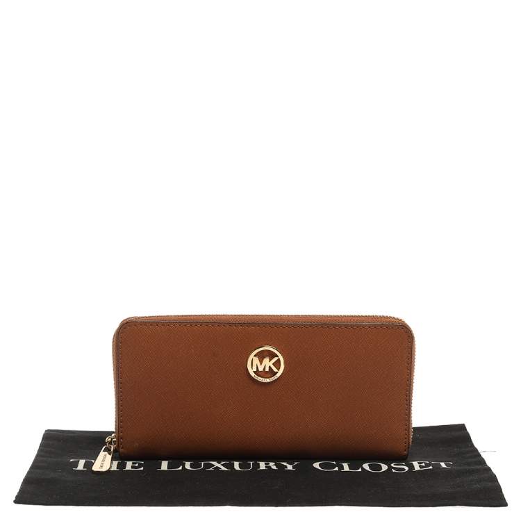 Pre Owned Michael Kors Tan Saffiano Leather Travel Zip Around Continental Wallet